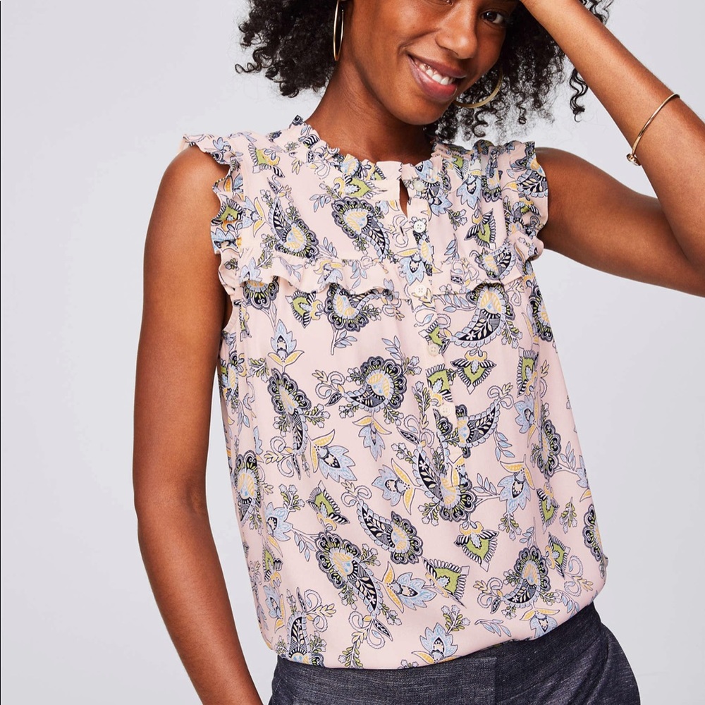 LOFT Pink Paisley Ruffle Henley Top NWT